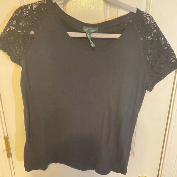 LRL Lauren Jeans Co. Ralph Lauren Scoop Neck Floral Lace Sleeve Blouse Black M - Picture 4 of 6